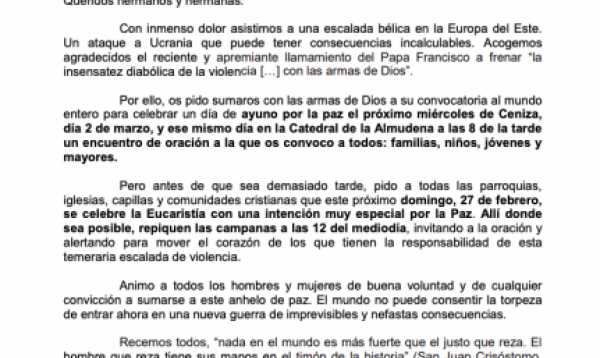 EL CARDENAL CARLOS OSORO, ANIMA A REZAR POR LA PAZ EN UCRANIA