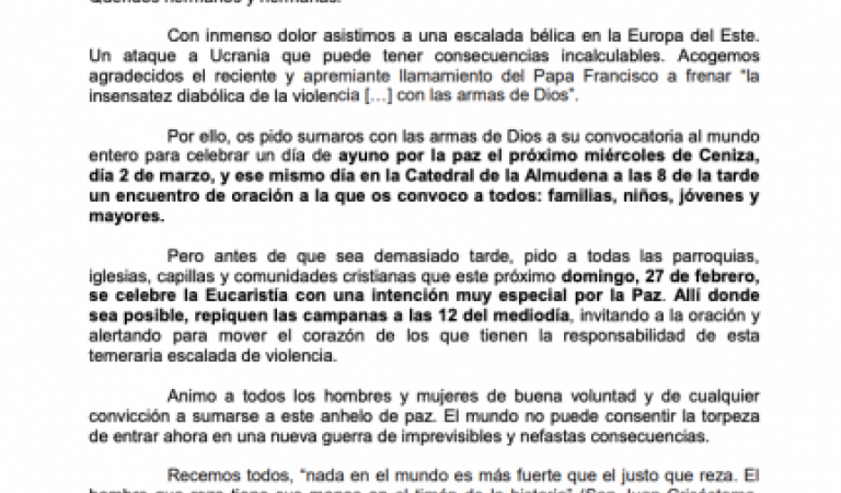 EL CARDENAL CARLOS OSORO, ANIMA A REZAR POR LA PAZ EN UCRANIA